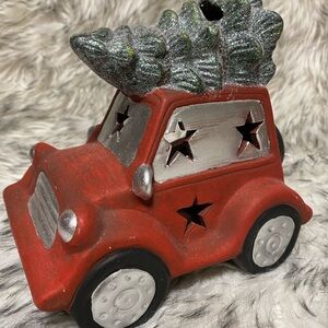 Pier 1 Red Ceramic Car with Christmas Tree Decor Tea light Holder